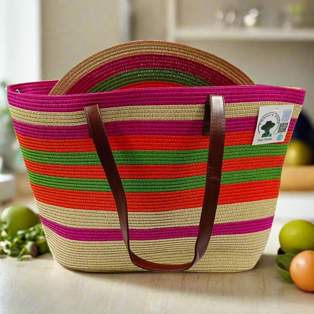 Three-Piece Set - Various Coloured Straw Hat & Bag