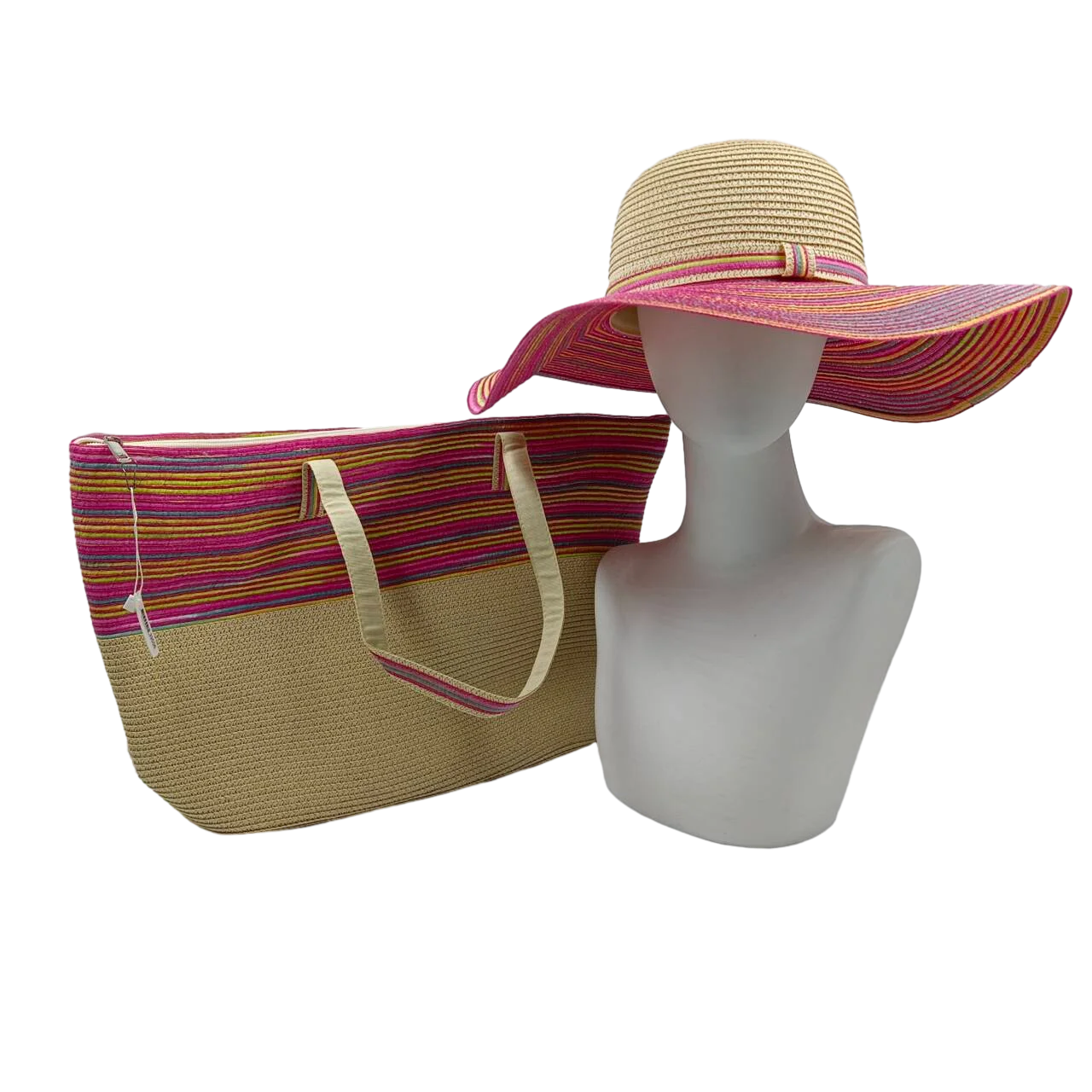 Three-Piece Set - Various Coloured Straw Hat & Bag