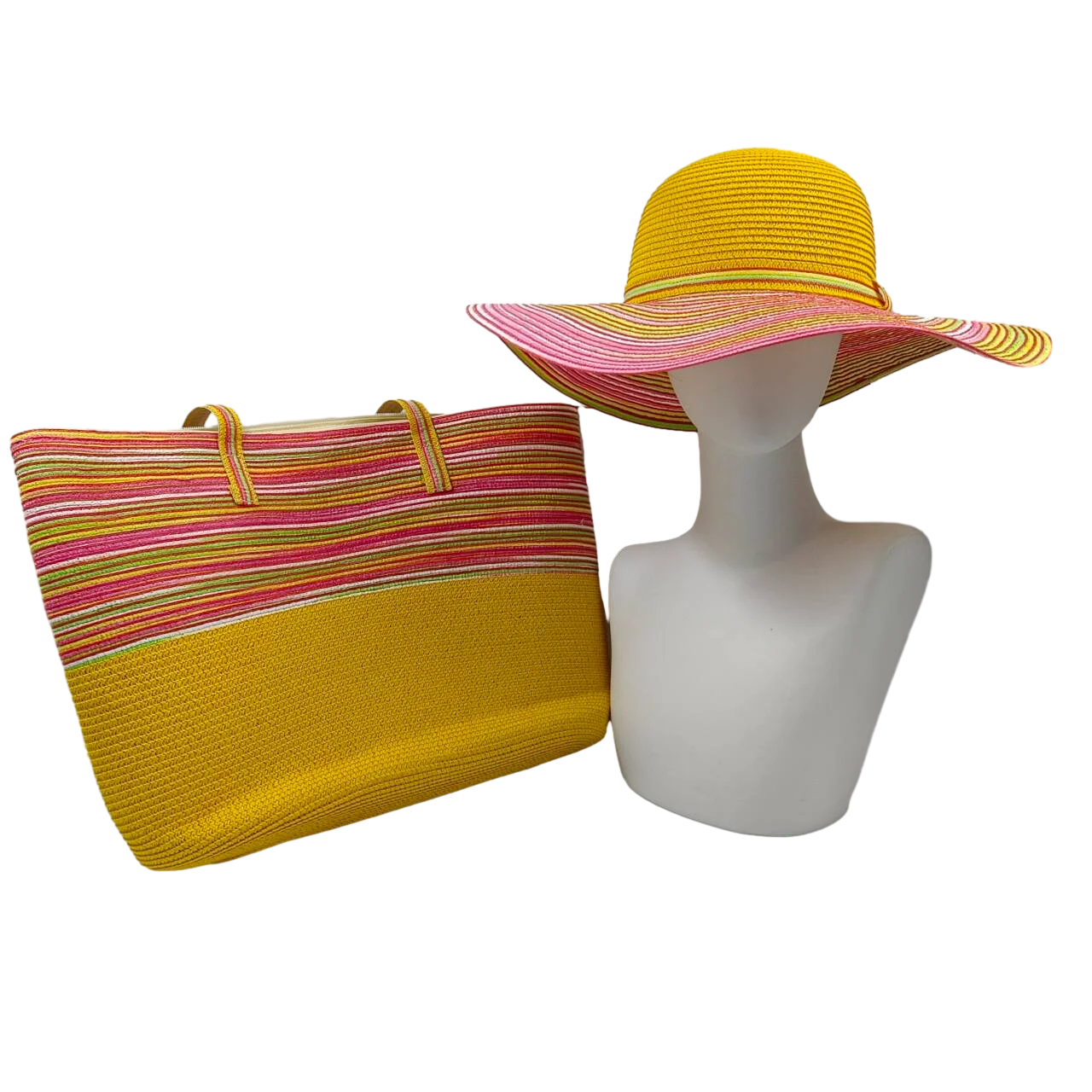 Three-Piece Set - Various Coloured Straw Hat & Bag