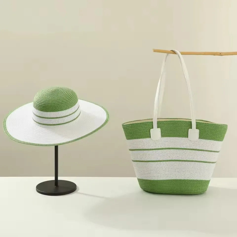 Three-Piece Set - Various Coloured Straw Hat & Bag