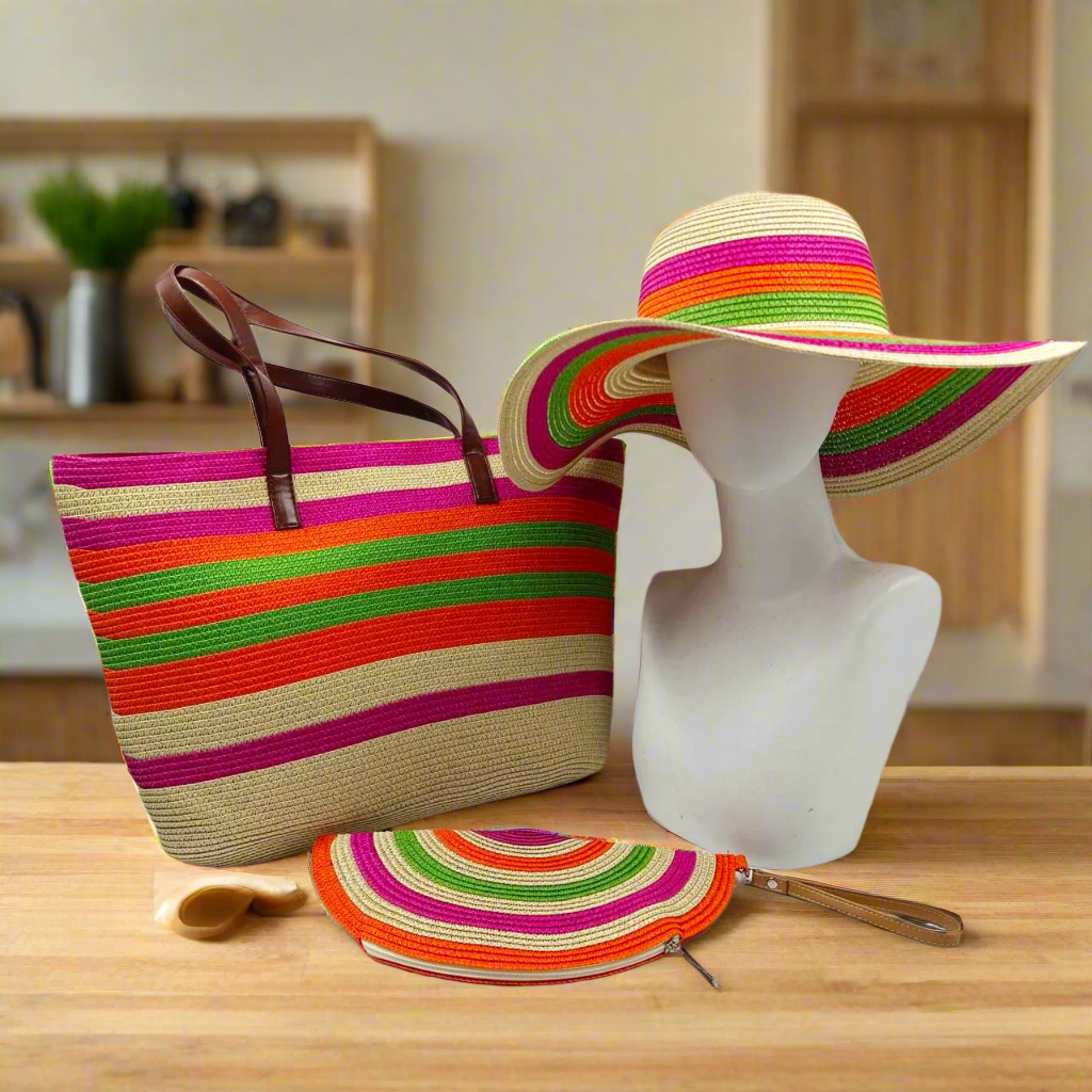 Three-Piece Set - Various Coloured Straw Hat & Bag