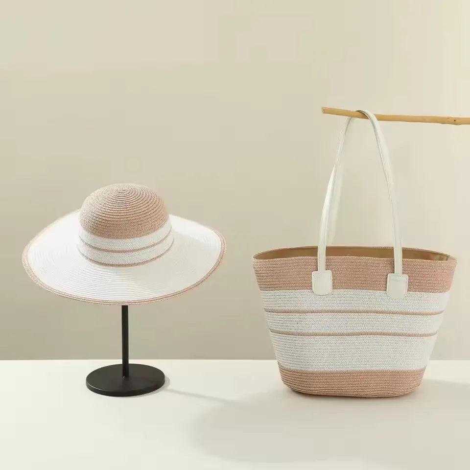 Three-Piece Set - Various Coloured Straw Hat & Bag