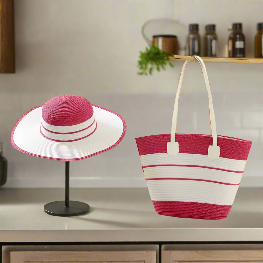 Three-Piece Set - Various Coloured Straw Hat & Bag