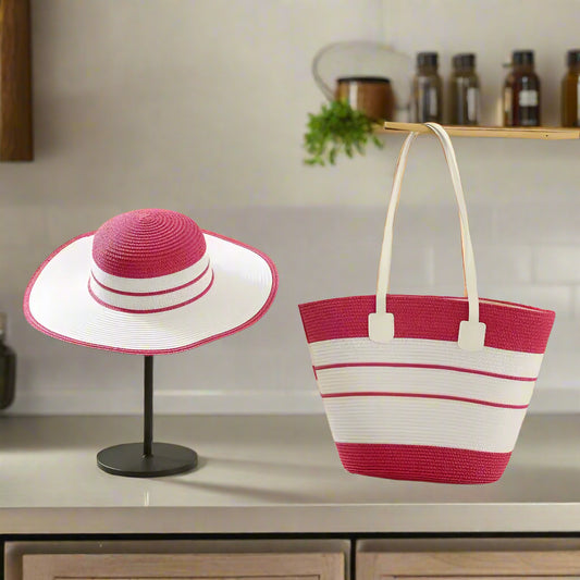 Three-Piece Set - Various Coloured Straw Hat & Bag