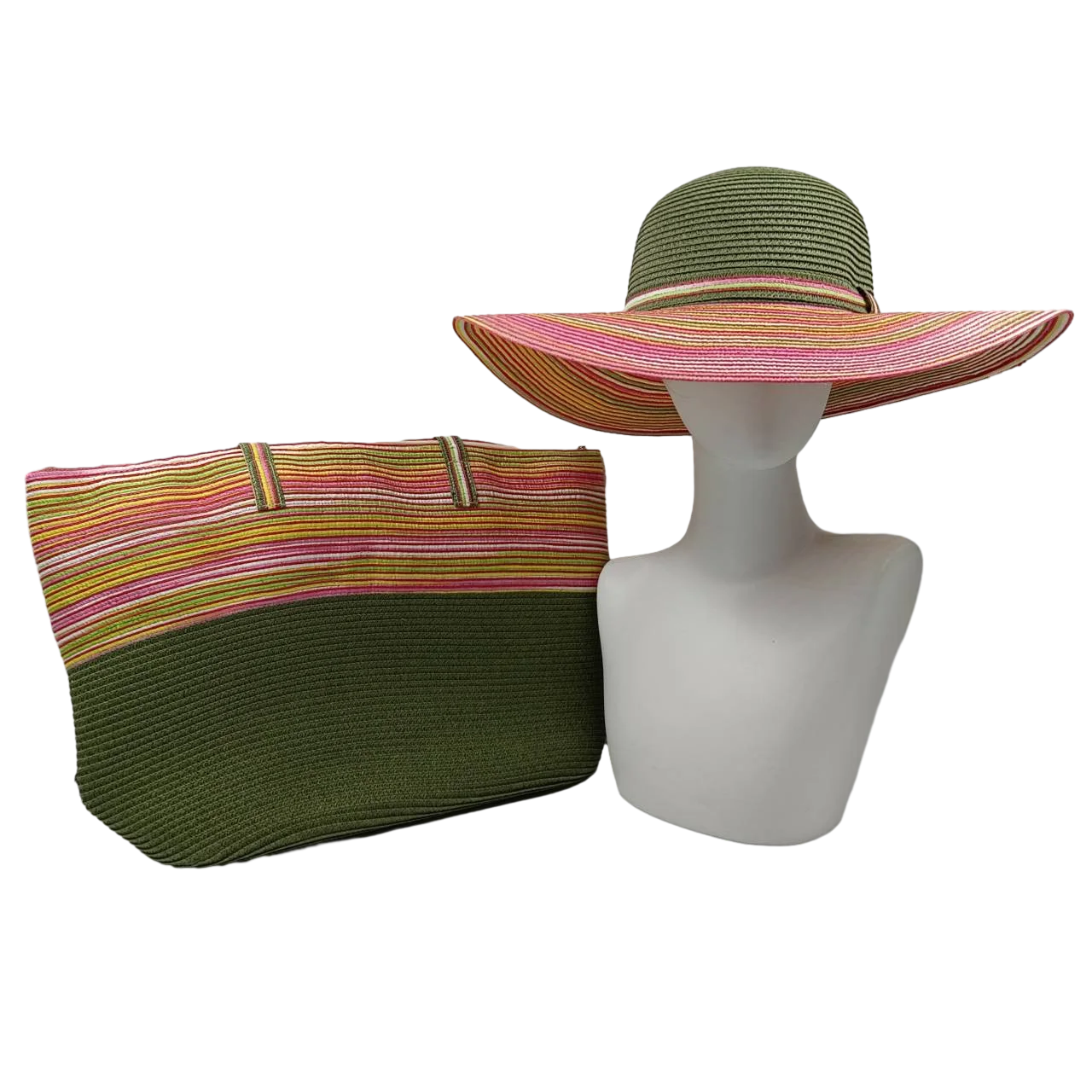 Three-Piece Set - Various Coloured Straw Hat & Bag