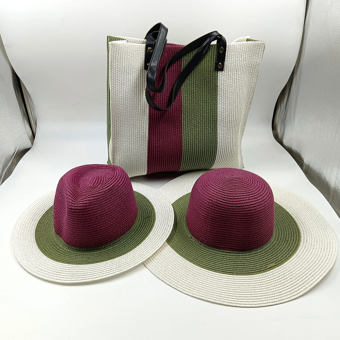 Three-Piece Set - Various Coloured Straw Hat & Bag