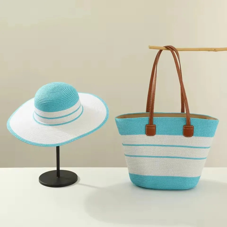Three-Piece Set - Various Coloured Straw Hat & Bag