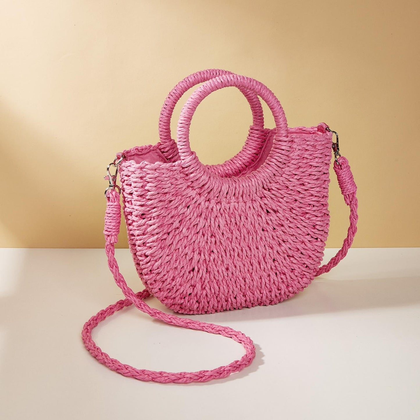 Beige Half Moon Straw Tote Woven Beach Bag