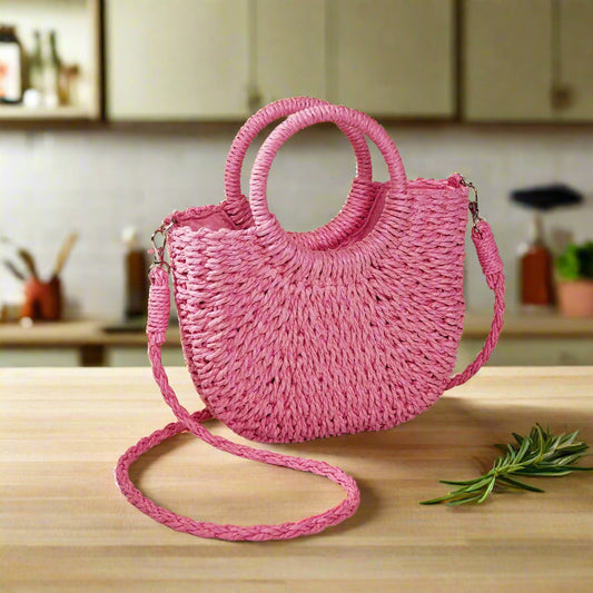 Rose Red Half Moon Straw Tote Woven Beach Bag
