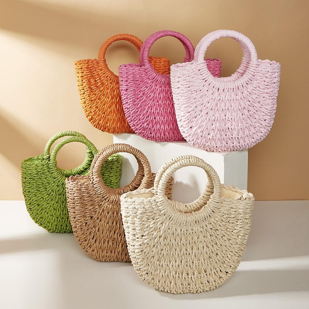 Rose Red Half Moon Straw Tote Woven Beach Bag