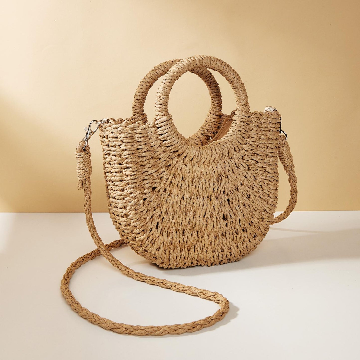 Rose Red Half Moon Straw Tote Woven Beach Bag
