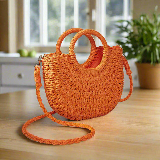 Orange Red Half Moon Straw Tote Woven Beach Bag
