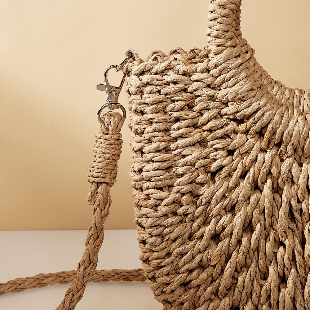 Orange Red Half Moon Straw Tote Woven Beach Bag