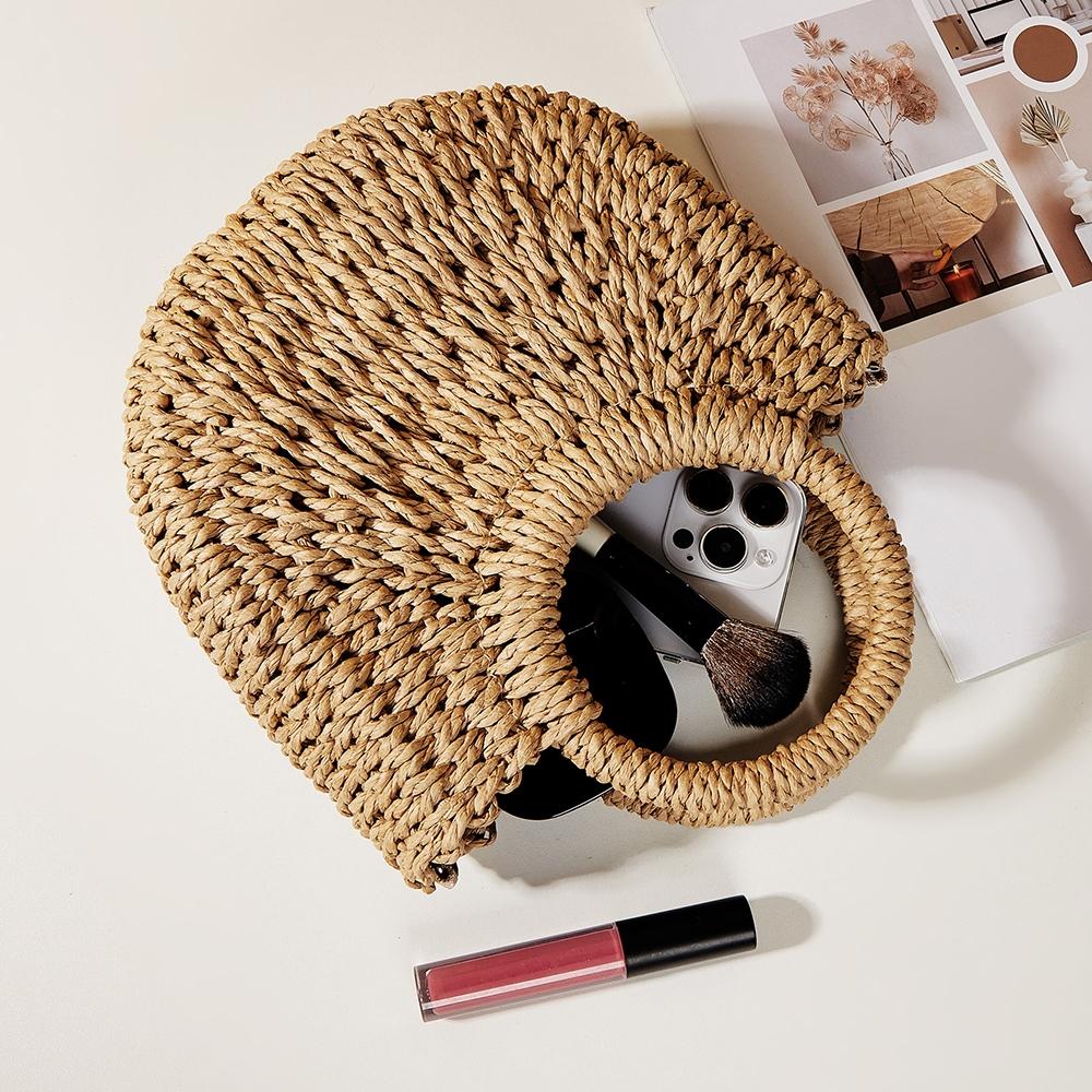 Orange Red Half Moon Straw Tote Woven Beach Bag