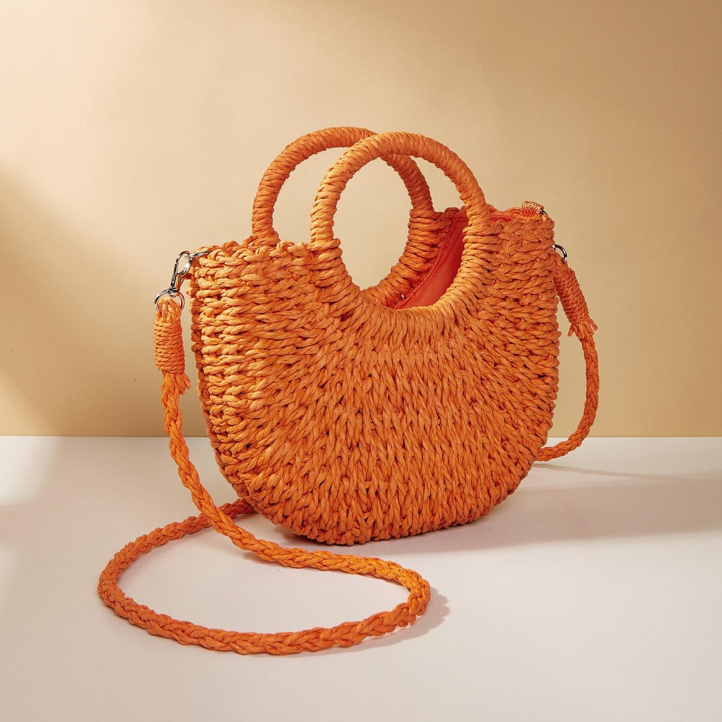 Orange Red Half Moon Straw Tote Woven Beach Bag