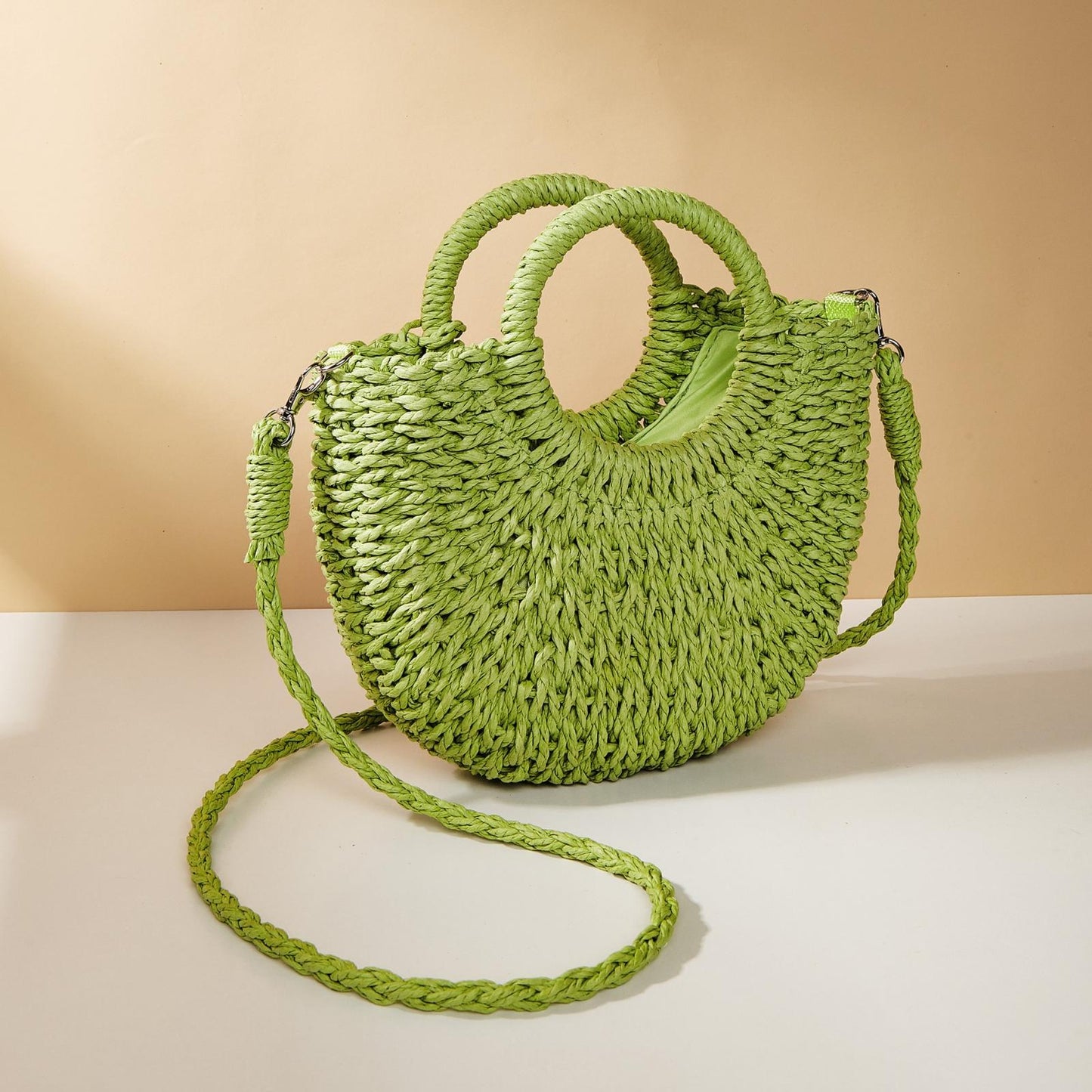 Orange Red Half Moon Straw Tote Woven Beach Bag