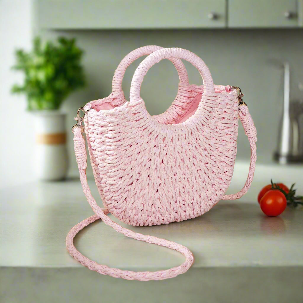 Pink Half Moon Straw Tote Woven Beach Bag