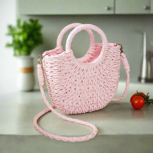 Pink Half Moon Straw Tote Woven Beach Bag