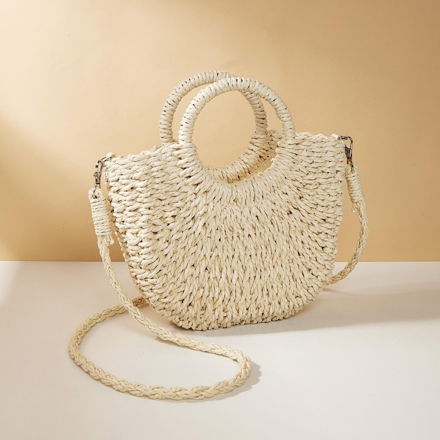 Pink Half Moon Straw Tote Woven Beach Bag