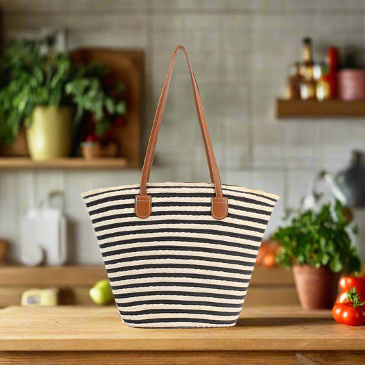 Handmade Large Striped Beach Tote Bag with Zipper and Inner Pocket