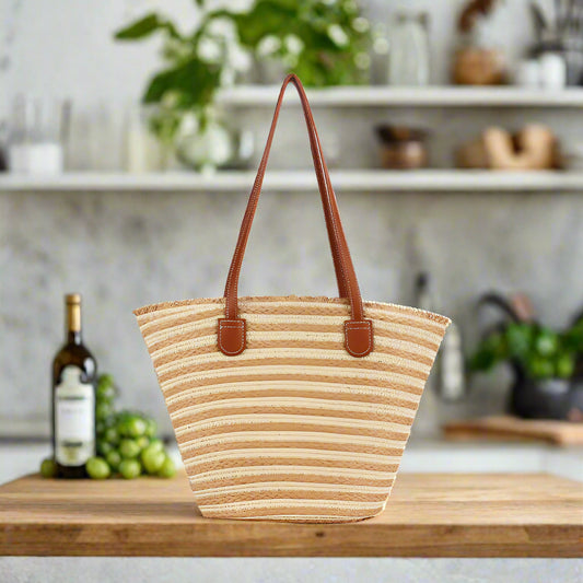 Handmade Large Striped Beach Tote Bag with Zipper and Inner Pocket