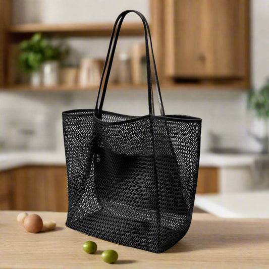 Black Casual Mesh Tote Bag - Shoulder Bag for Beach & Travel