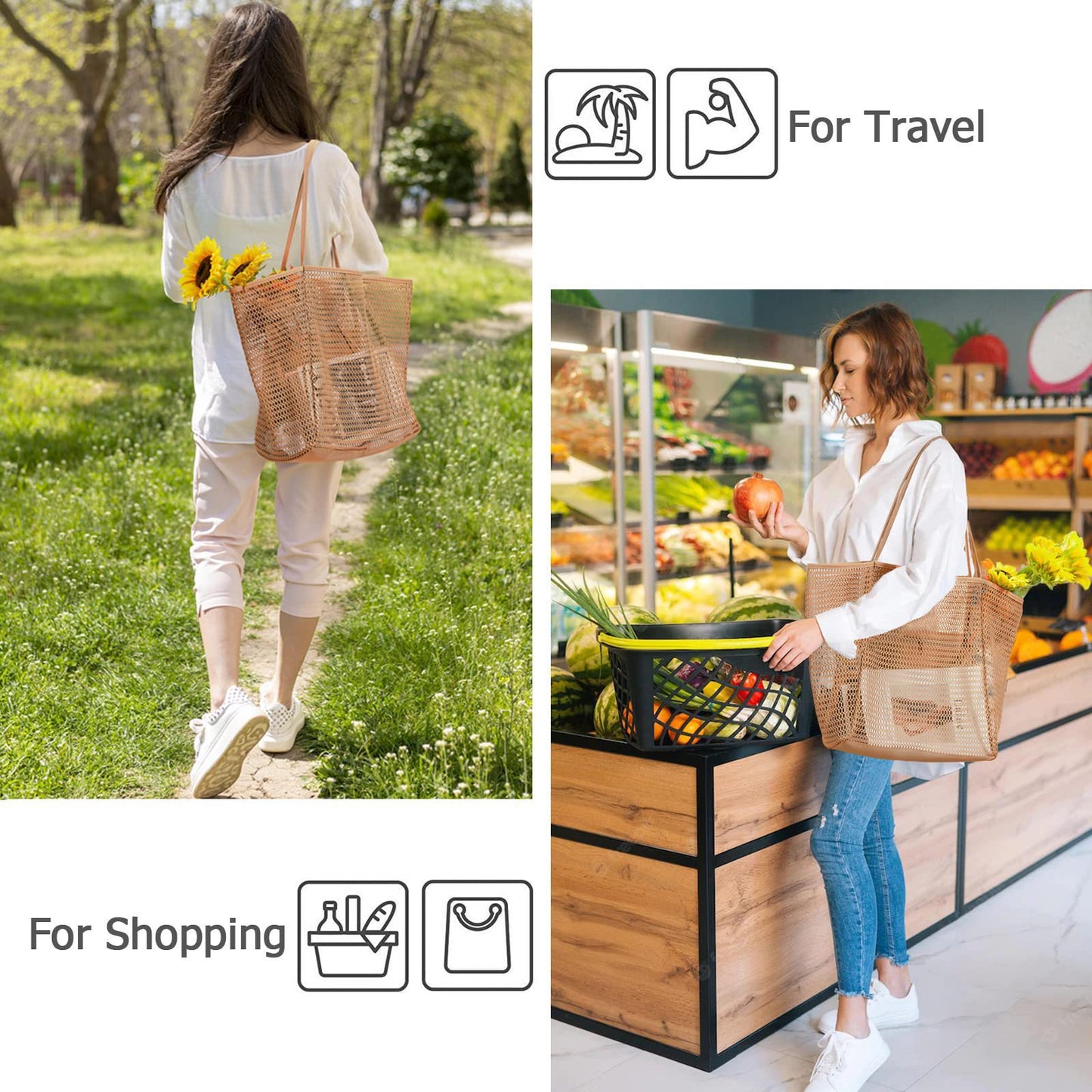 Black Casual Mesh Tote Bag - Shoulder Bag for Beach & Travel
