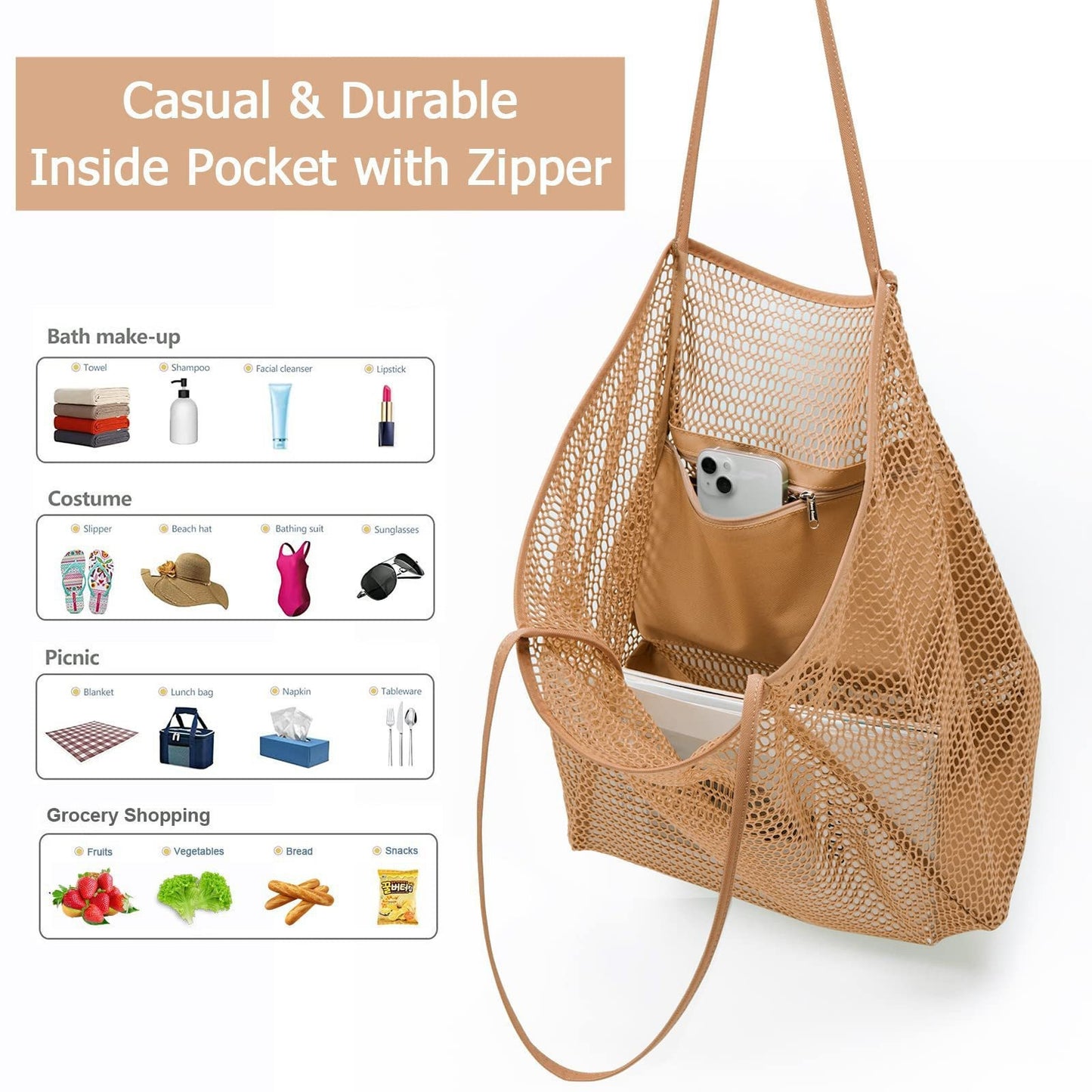 Black Casual Mesh Tote Bag - Shoulder Bag for Beach & Travel
