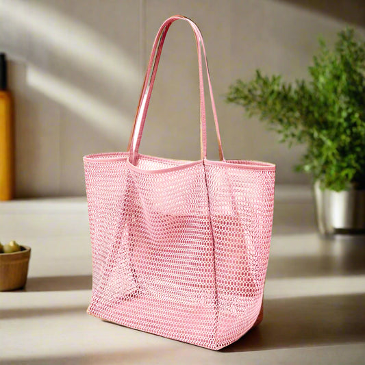 Pink Casual Mesh Tote Bag - Shoulder Bag for Beach & Travel