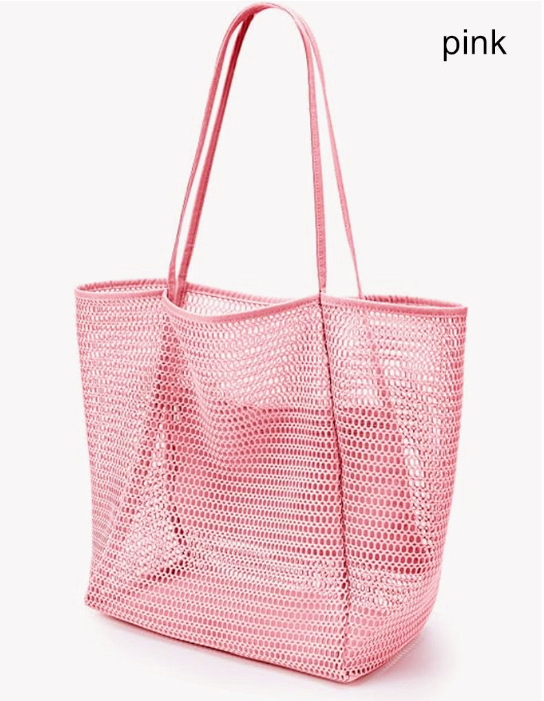 Pink Casual Mesh Tote Bag - Shoulder Bag for Beach & Travel