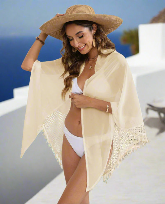 Apricot Women's Tassel Trim Swim Cover-Up with Mesh Detail Beach Wrap -  95x195cm