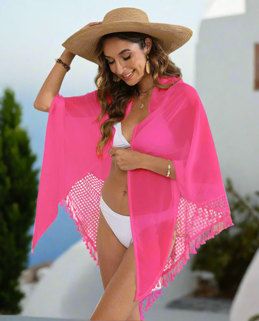 Rose red Women's Tassel Trim Swim Cover-Up Mesh Detail Beach Wrap -  95x195cm