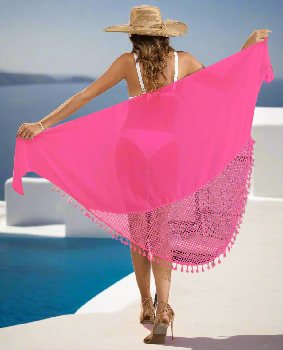 Rose red Women's Tassel Trim Swim Cover-Up Mesh Detail Beach Wrap -  95x195cm