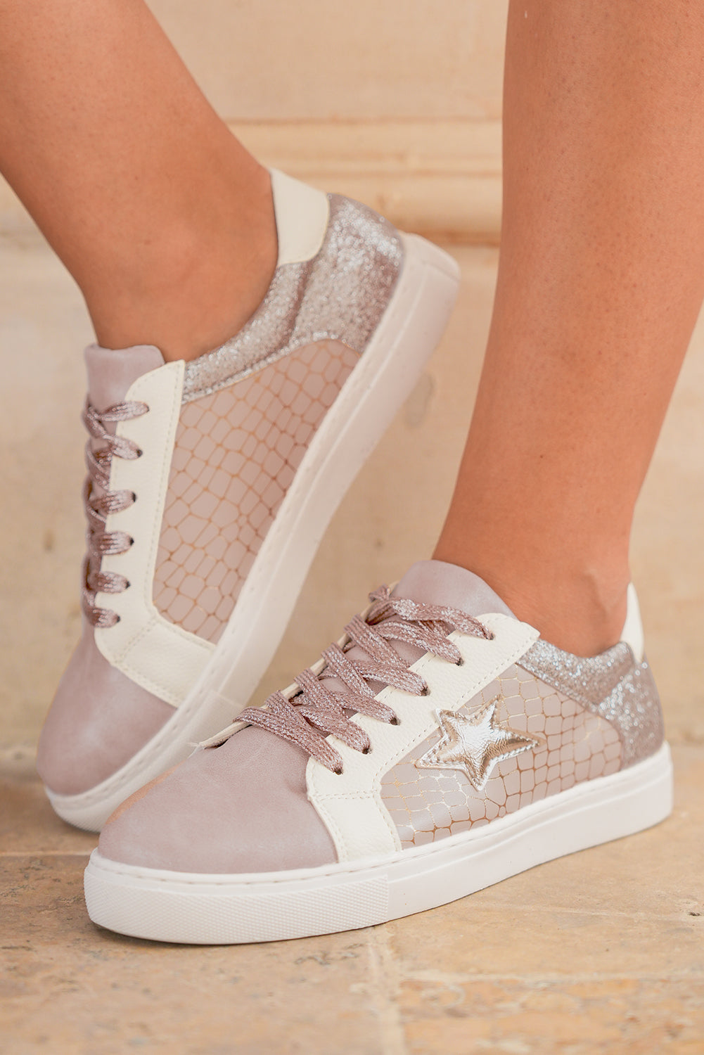 Glitter Star Patchwork Leather Lace-up Sneakers