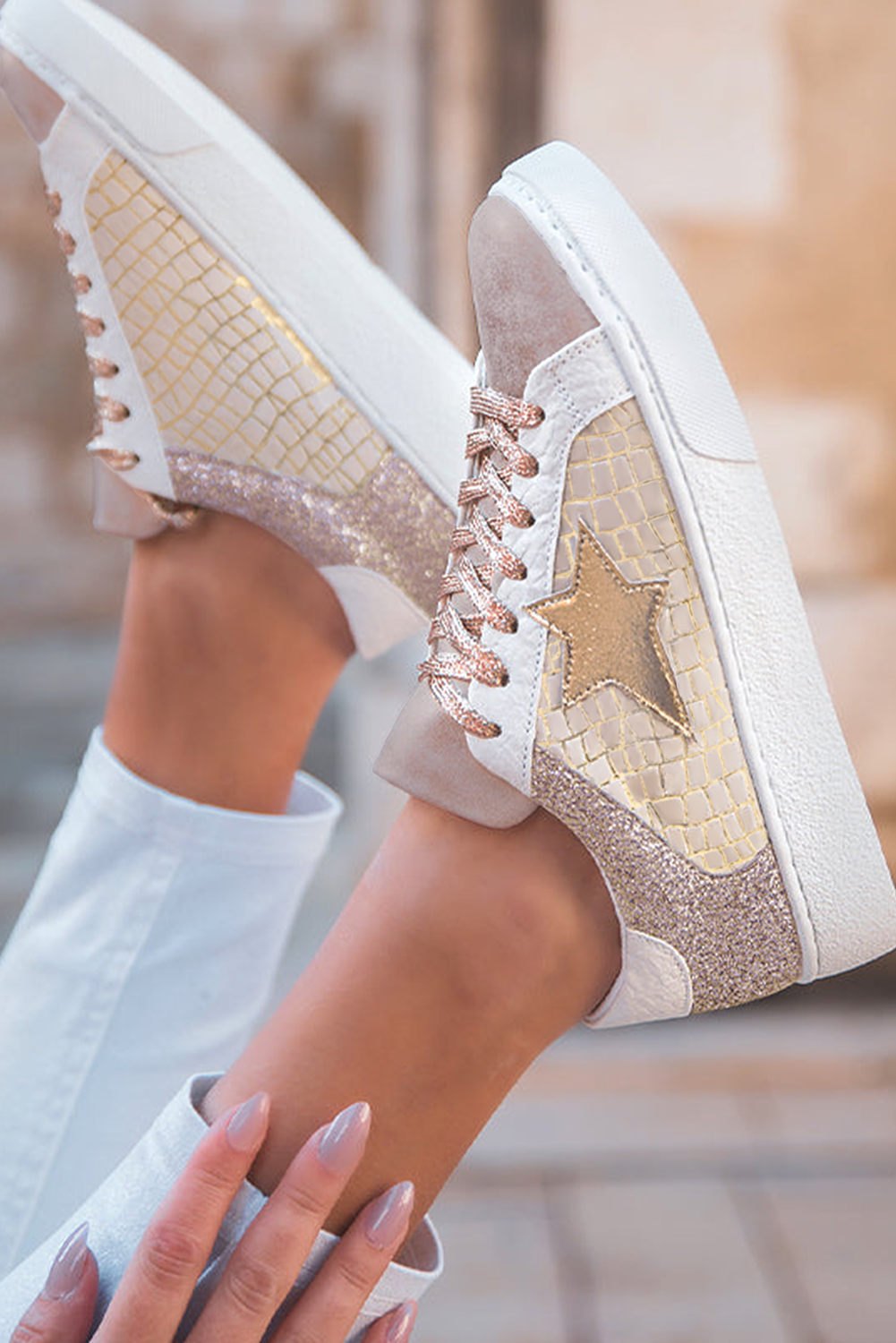 Glitter Star Patchwork Leather Lace-up Sneakers