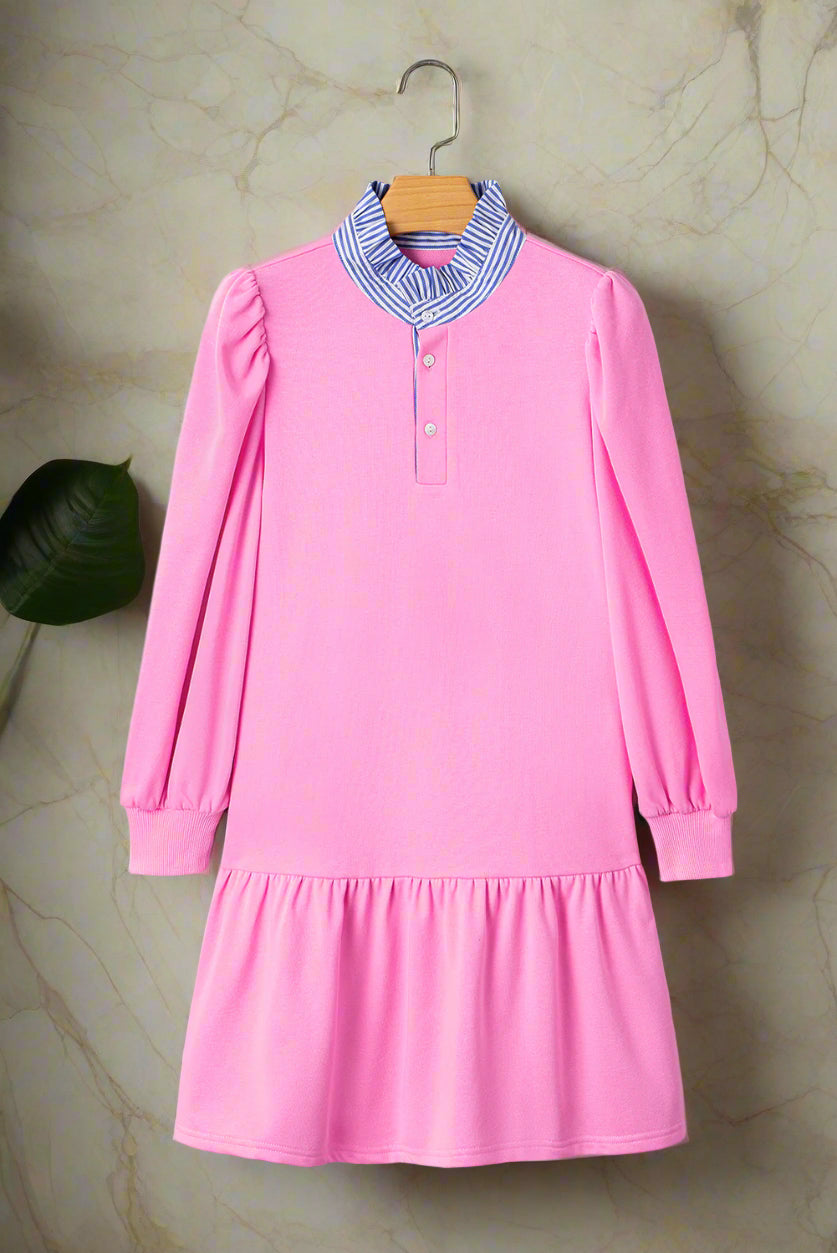 Striped Collar Long Sleeve Ruffle Hem Dress
