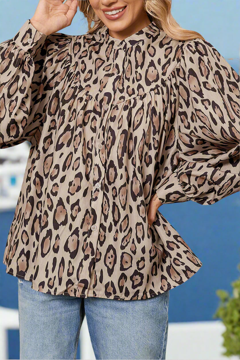 French Beige Light Leopard Print Loose Blouse